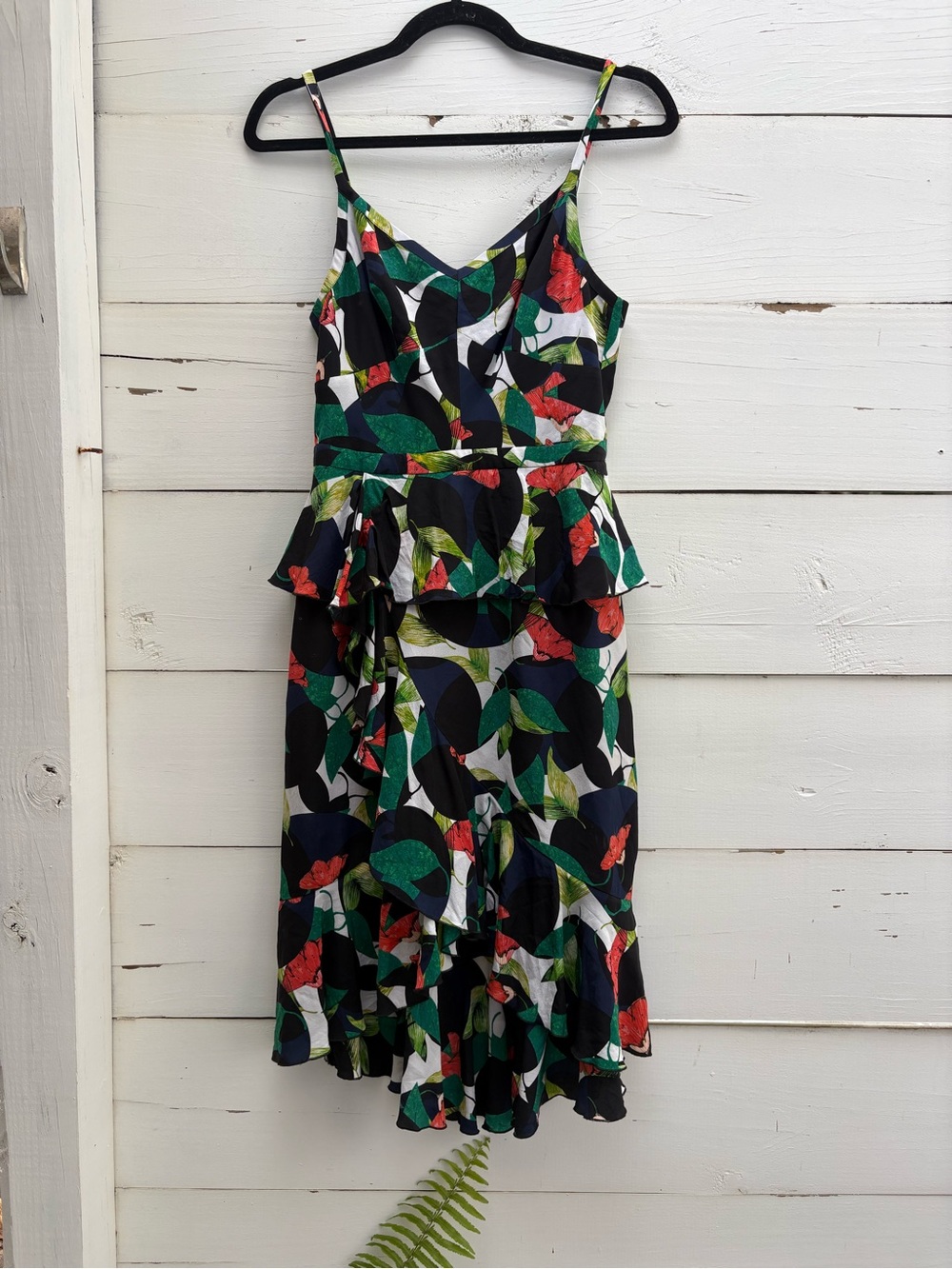 J.crew Silk Floral Leaf Print Ruffled Midi Dress - Black/Green/Red